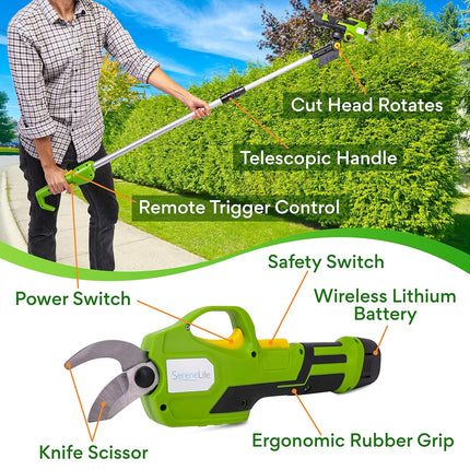 SereneLife Metal 7.2V Lithium-ion Rechargeable Battery Powered Electric Pruning Shears Garden Trimmer-Cordless Branch Cutter Pole Pruner w/Telescopic Handle PSPR190