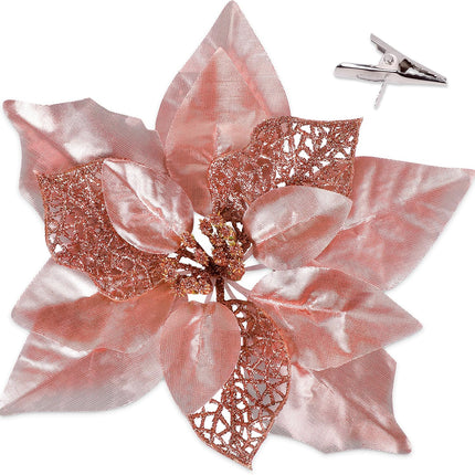 Geefuun 15PCS Christmas Tree Decorations Poinsettias Artificial Flowers Ornaments: Large Size 8.7” Xmas Glitter Flower with Clips Plus Stems (Rose Gold)
