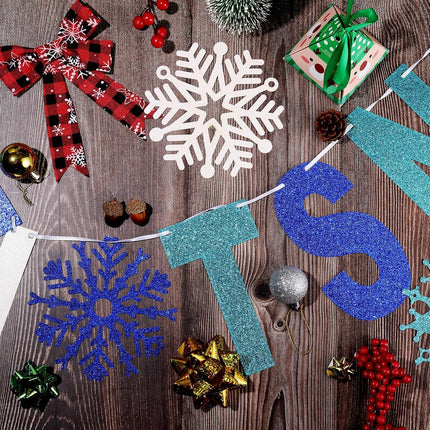 3 Pieces Let It Snow Banner, Glitter Winter Snowflake Garland Banner, White Blue Snowflake Hanging Ornaments for Christmas Holiday Party Decorations Year Festive Frozen Party Supplies