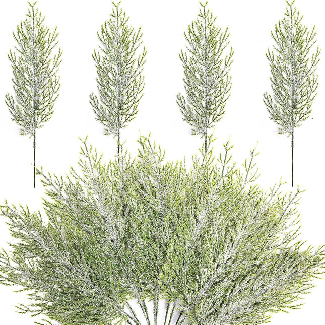 Alpurple 30 Pcs Christmas Snow Frosted Pine Branches- 13.5" Snowy Artificial Pine Needles Branches Twigs- Greenery Ceder Sprigs Pine Picks Stems for Christmas Wreath Home Garden Decoration