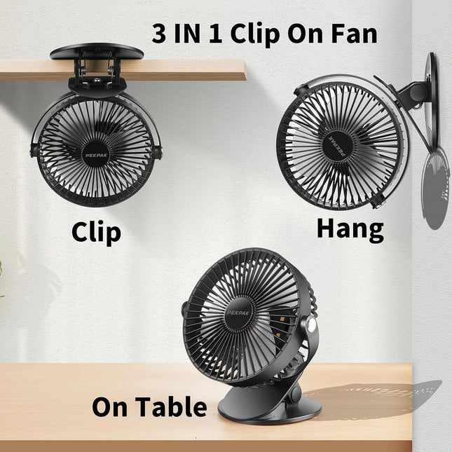 7 Clip On Fan,5000Mah Battery Operated Fan,Rechargeable Personal Fan,3 In 1 Desk Portable Usb Fan,Led Light,3 Speeds,720°Rotation