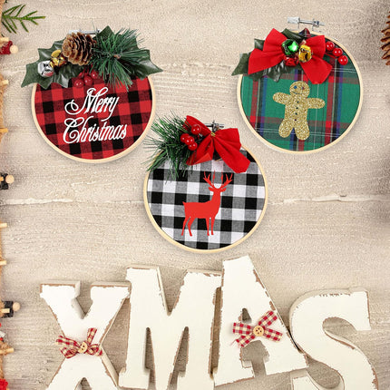Pllieay 6 Pack of Christmas Ornament DIY Craft Kit Includes Christmas Plaid Fabric, Bamboo Hoop, Mini Pinecones, Artificial Pine Needle and Artificial Small Berrie for Christmas Decorations