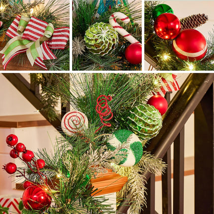Valery Madelyn 9 feet Pre-Lit Christmas Garland with Lights for Mantle, Lighted Battery Operated Elf Xmas Garland with Red Green White Balls for Front Door Fireplace Table Centerpiece Outdoor Decor