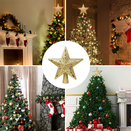 Joiedomi Christmas Tree Topper Lighted Gold Glitter Star with Adjustable Rotating Magic Star Projector Lights 3D Hollow Star for Xmas Decorations Home Party Wedding Bedroom Indoor Decor