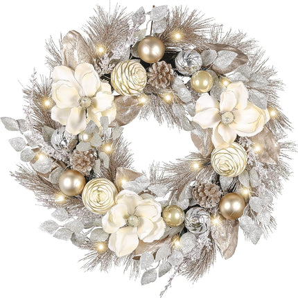 Valery Madelyn 24 Inch Pre-Lit Christmas Wreath for Front Door with Lights, Large Lighted Christmas Wreath with Champagne Gold Xmas Balls for Fireplace Window Outdoor Table Centerpiece Home Decoration