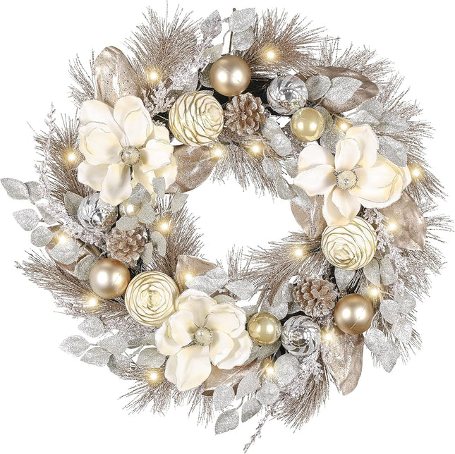 Valery Madelyn 24 Inch Pre-Lit Christmas Wreath for Front Door with Lights, Large Lighted Christmas Wreath with Champagne Gold Xmas Balls for Fireplace Window Outdoor Table Centerpiece Home Decoration