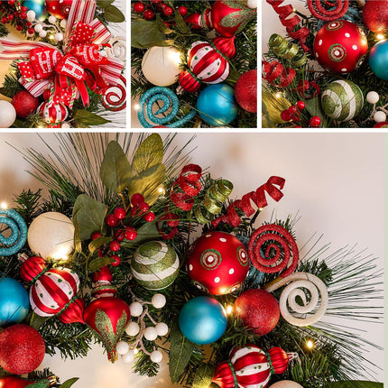 Valery Madelyn 24 Inch Pre-Lit Christmas Wreath for Front Door with Lights, Large Lighted Christmas Wreath with Elf Red Green Xmas Balls for Fireplace Window Outdoor Table Centerpiece Home Decoration
