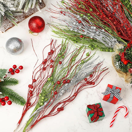 45 Pcs Christmas Glitter Berry Stems 16.9 Inch Artificial Curly Berry Stems Decorative Glittery Twigs Sticks Branches Ornaments for Xmas Tree Vase DIY Wreath Crafts Home Decor (Red, Green, Silver)