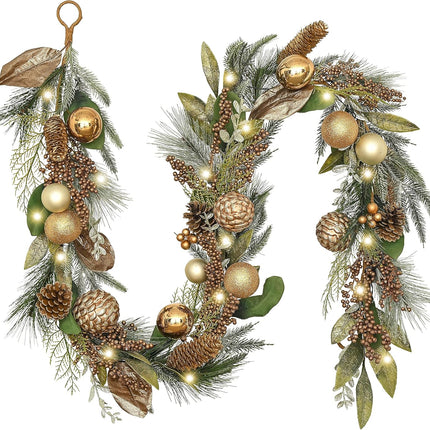 Valery Madelyn 6 feet Pre-Lit Christmas Garland with Lights for Mantle, Lighted Battery Operated Xmas Garland with Bronze Gold Balls for Front Door Fireplace Table Centerpiece Outdoor Window Decor