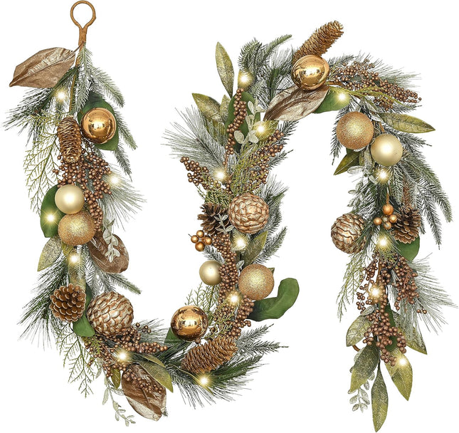 Valery Madelyn 6 feet Pre-Lit Christmas Garland with Lights for Mantle, Lighted Battery Operated Xmas Garland with Bronze Gold Balls for Front Door Fireplace Table Centerpiece Outdoor Window Decor
