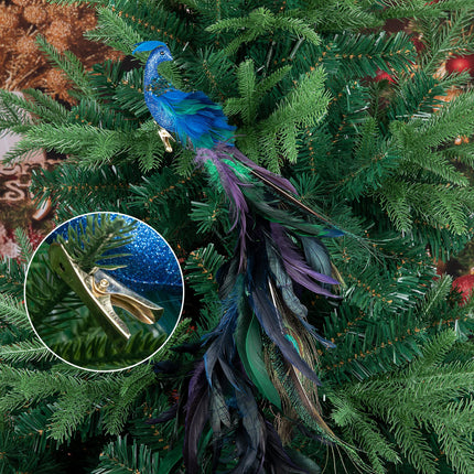 2pcs Large Artificial Peacock Ornaments,23" Glitter Blue Peacork with Long Tail,Christmas Peacock Cilp On Ornaments for Xmas Tree Decoration (Peacock Ornaments)