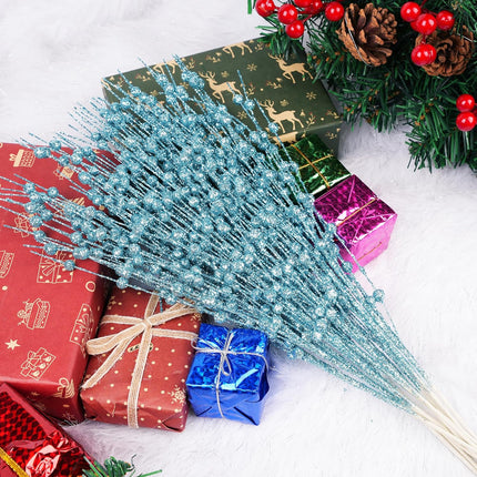 Joiedomi 12 Pcs Christmas Blue Glitter Berry Stems, 17'' Christmas Tree Picks, Xmas Wreath Ornaments Artificial Decorative Sticks, Glitter Twigs DIY Garland Crafts for Holiday Wedding Party Home Decor