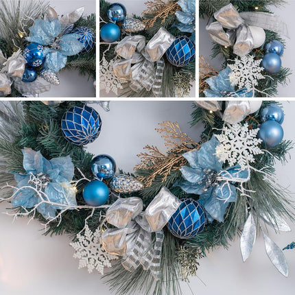 Valery Madelyn 24 Inch Pre-Lit Christmas Wreath for Front Door with Lights, Large Lighted Christmas Wreath with Silver Blue Xmas Ball for Fireplace Window Outdoor Table Centerpiece Holiday Decoration