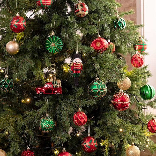 Valery Madelyn Christmas Tree Decorations Set, 80ct Red Green and Gold Shatterproof Christmas Ball Ornaments Bulk, Traditional Country Hanging Ornaments for Christmas Trees Xmas Holiday Decor