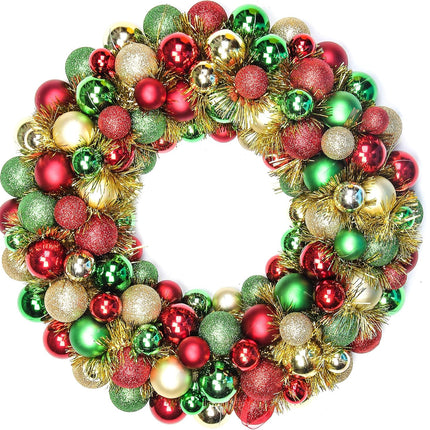 16 Inch Christmas Ball Wreath Ornaments Home Party Decors Xmas Holiday Decorative Shatterproof Hanging Ornament Wreath for Front Door Red Gold Green
