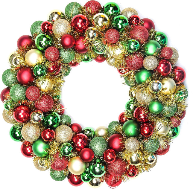 16 Inch Christmas Ball Wreath Ornaments Home Party Decors Xmas Holiday Decorative Shatterproof Hanging Ornament Wreath for Front Door Red Gold Green