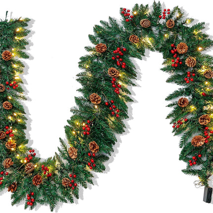 Joiedomi 9Ft Artificial Christmas Garland Prelit with LED Lights, 27 Pine Cones, 27 Red Berries for Home & Office Christmas Indoor and Outdoor Decorations (Battery Powered, Batteries not Included)