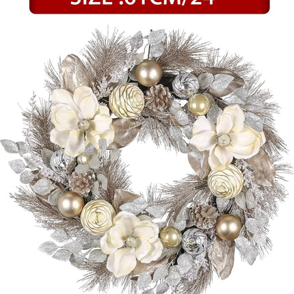 Valery Madelyn 24 Inch Pre-Lit Christmas Wreath for Front Door with Lights, Large Lighted Christmas Wreath with Champagne Gold Xmas Balls for Fireplace Window Outdoor Table Centerpiece Home Decoration