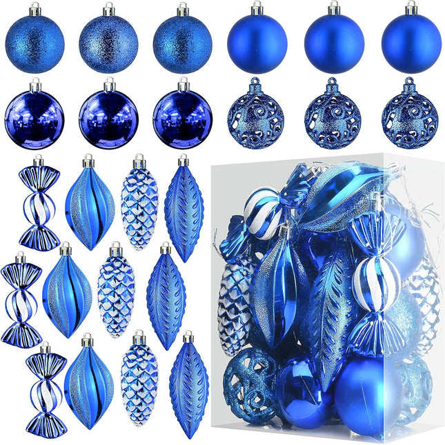 Prextex Christmas Tree Ball Ornaments - Blue Christmas Ornaments Set for Christmas, Holiday, Wreath and Party Decorations (24 pcs - Small, Medium, Large) Shatterproof