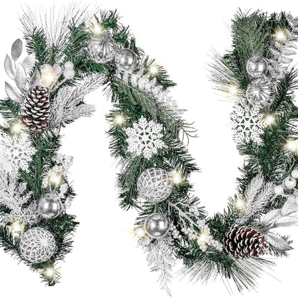 Valery Madelyn 6 feet Pre-Lit Christmas Garland with Lights for Mantle, Lighted Battery Operated Xmas Garland with Silver White Balls Snowflake for Front Door Fireplace Table Centerpiece Outdoor Decor