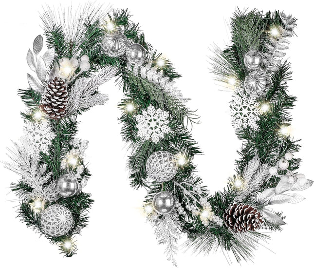 Valery Madelyn 6 feet Pre-Lit Christmas Garland with Lights for Mantle, Lighted Battery Operated Xmas Garland with Silver White Balls Snowflake for Front Door Fireplace Table Centerpiece Outdoor Decor