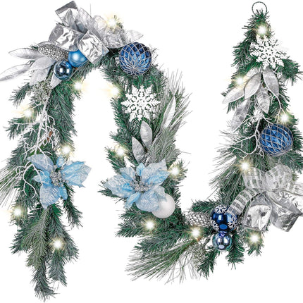 Valery Madelyn Pre-Lit Christmas Garland with Lights for Mantle, 6 feet Lighted Battery Operated Xmas Garland with Silver Light Blue Balls for Front Door Fireplace Table Centerpiece Outdoor Decor