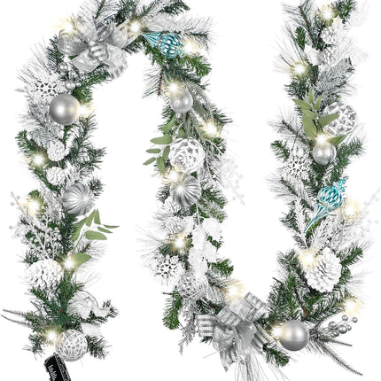 Valery Madelyn 9 feet Pre-Lit Christmas Garland with Lights for Mantle, Lighted Battery Operated Xmas Garland with Silver White Balls Ribbons for Front Door Fireplace Table Centerpiece Outdoor Decor