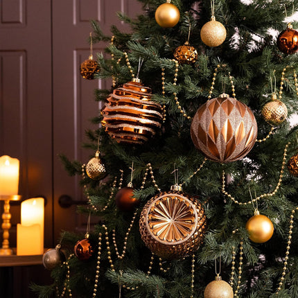 Valery Madelyn Ornaments for Christmas Trees, 4ct Bronze Copper and Gold Shatterproof Fall Christmas Tree Decorations, 5.9 Inches Luxury Brown Hanging Ball Ornaments Bulk for Xmas Holiday Decor