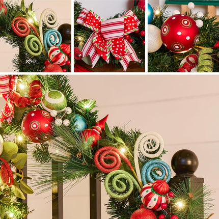 Valery Madelyn 6 feet Pre-Lit Christmas Garland with Lights for Mantle, Lighted Battery Operated Elf Xmas Garland with Red Green Balls for Front Door Fireplace Table Centerpiece Outdoor Home Decor