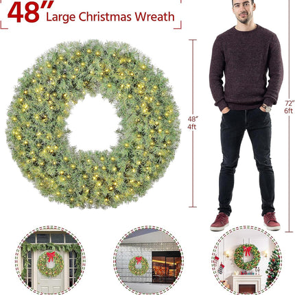 Yaheetech 48in Large Artificial Christmas Wreath, Pre-lit Holiday Accent Decoration with Red Bow, 200 LED Lights & 720 PVC Tips, Metal Structure for Door Wall & Mantel