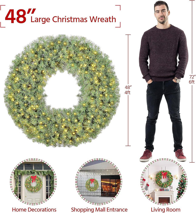 Yaheetech 48in Large Artificial Christmas Wreath, Pre-lit Holiday Accent Decoration with Red Bow, 200 LED Lights & 720 PVC Tips, Metal Structure for Door Wall & Mantel
