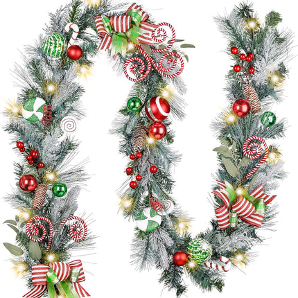 Valery Madelyn 9 feet Pre-Lit Christmas Garland with Lights for Mantle, Lighted Battery Operated Elf Xmas Garland with Red Green White Balls for Front Door Fireplace Table Centerpiece Outdoor Decor