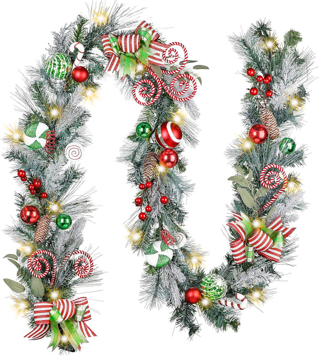 Valery Madelyn 9 feet Pre-Lit Christmas Garland with Lights for Mantle, Lighted Battery Operated Elf Xmas Garland with Red Green White Balls for Front Door Fireplace Table Centerpiece Outdoor Decor
