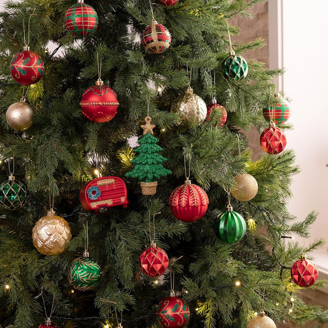 Valery Madelyn Christmas Tree Ornaments Set, 60ct Red Green and Gold Shatterproof Christmas Tree Decorations Bulk, Traditional Country Hanging Ball Ornaments for Xmas Trees Holiday Decor