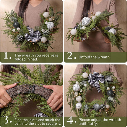 Decorbyhannah Collapsible Christmas Wreath, 24 inch Prelit Norfolk Pine Wreaths for Front Door with Ornament, Aritificial Greenery Christmas Wreath Decorations with Lights (Boho Black & White)