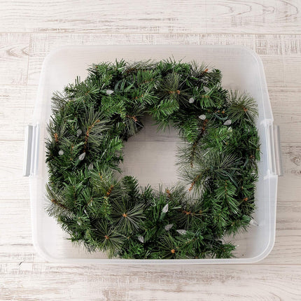 IRIS USA 33 Quart Christmas Wreath Storage Container Box with Lid, 3-Pack, Stackable Under Bed Storage Organizer Bin with Latching Buckles for 20" Wreaths Christmas Decorations Garlands, Clear/Red