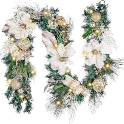 Valery Madelyn 6 feet Pre-Lit Christmas Garland with Lights for Mantle, Lighted Battery Operated Xmas Garland with White Gold Ball Magnolia for Front Door Fireplace Table Centerpiece Window Home Decor