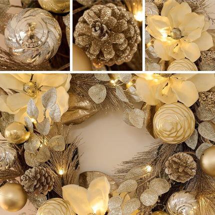 Valery Madelyn 24 Inch Pre-Lit Christmas Wreath for Front Door with Lights, Large Lighted Christmas Wreath with Champagne Gold Xmas Balls for Fireplace Window Outdoor Table Centerpiece Home Decoration