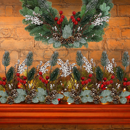 BANBERRY DESIGNS Pine Berry Christmas Picks with White Pip and Red Holly Berries - Set of 10 - Pinecone Floral Sprays with Bendable Stems - 11" H