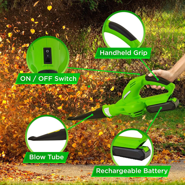 Updated SereneLife Electric Leaf Blower, Cordless, Lightweight - Only 5 lbs, Perfect for Leaves & Debris, Rechargeable Battery & Charger Included, Average Charge Time 4 Hrs, 18V, 55 Mph