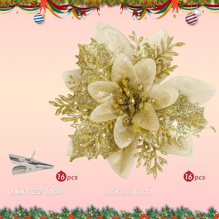 16 PCS Poinsettia Flower Artificial Poinsettia Christmas Decorations Glitter Poinsettias Christmas Ornaments Christmas Tree Flower Decorations with Clips DIY Xmas Wreath Holiday Weed Home Party Decor