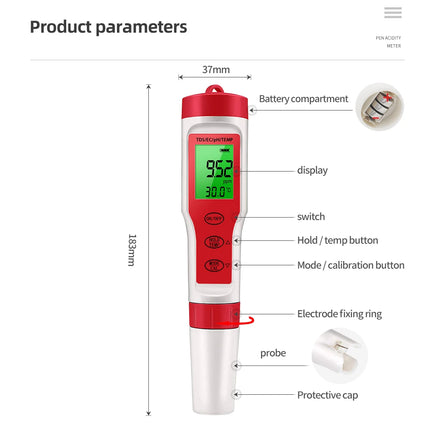 JUANJUAN Multifunction Water Quality Tester PH/ TDS/EC /Salinity Tester LCD Digital Water Purity Temperature Meter for Pools Aquariums - 4 IN 1