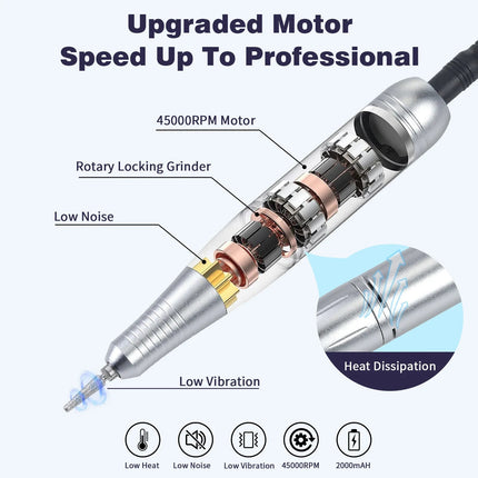 45000RPM Nail Drill Machine Kit Rechargeable Nail Sander Machine With