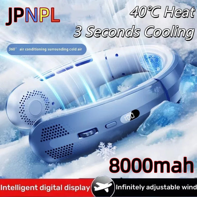 JPNPL 8000mAh Electric Hanging Neck Fan Portable Bladeless Mini Rechargeable Mute LED Digital Display Air Cooler For Outdoor - Gray