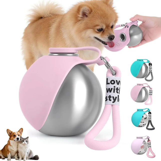 AOFANPET Dogs Drinking Bottle with Silicone Bowl, 285ml Stainless Steel Leak-Proof Dog Drinking Bottle for Cats and Dogs, Walks and Hikes - Pink