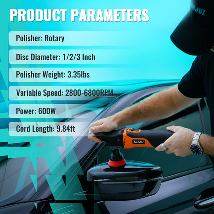 AUTIWOZ W03 Carbon Fiber Style Rotary Car Polisher 1/2/3" Mini Detailing Kit 600W Auto Paint Care Buffer Machine - 220V-230V