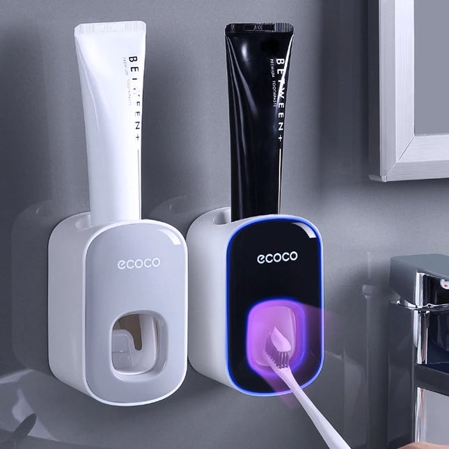 QIVANLIFE Automatic Toothpaste Dispenser Squeezers Toothpaste Tooth Dust-proof Toothbrush Holder Wall Mount Stand Bathroom Accessories - gray