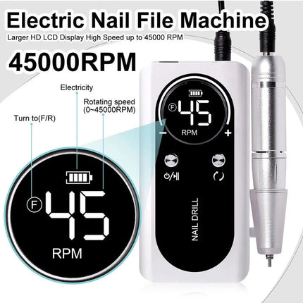 45000RPM Rechargeable Nail Drill Machine with LCD Low Noise