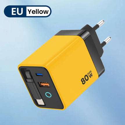 Twitch 80W Super Fast Charge Type C USB Phone Charger With Telescopic USB C Cable For Iphone 16 15 Samsung Laptop With Light - yellow EU