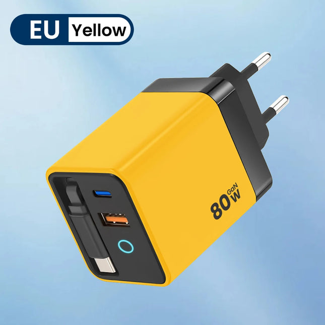 Twitch 80W Super Fast Charge Type C USB Phone Charger With Telescopic USB C Cable For Iphone 16 15 Samsung Laptop With Light - yellow EU
